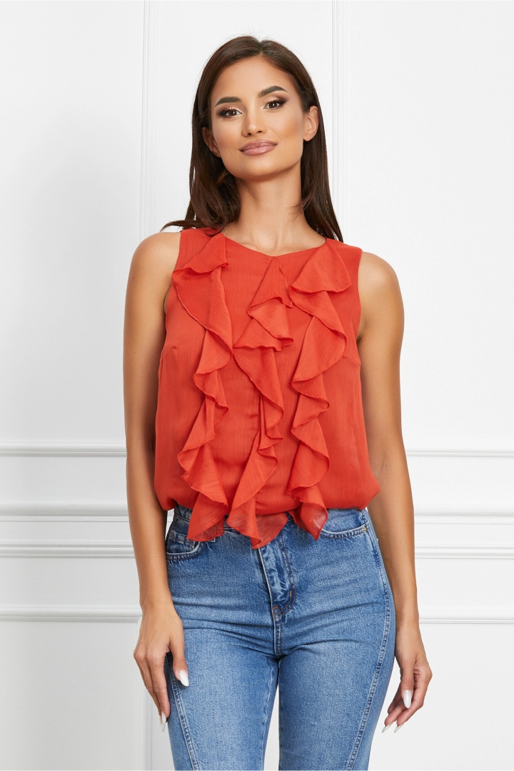 Bluza Dy Fashion caramizie cu volanase pe bust Bluza Dy Fashion caramizie cu volanase pe bust