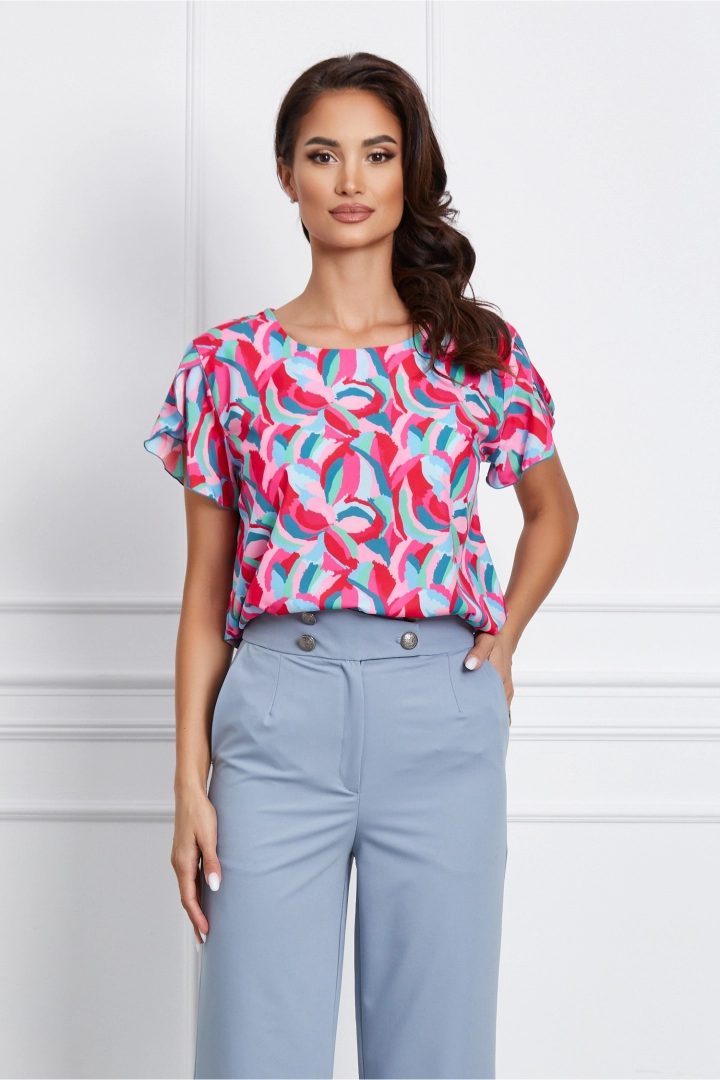 Bluza Frona fucsia cu imprimeuri turcoaz si maneci despicate Bluza Frona fucsia cu imprimeuri turcoaz si maneci despicate