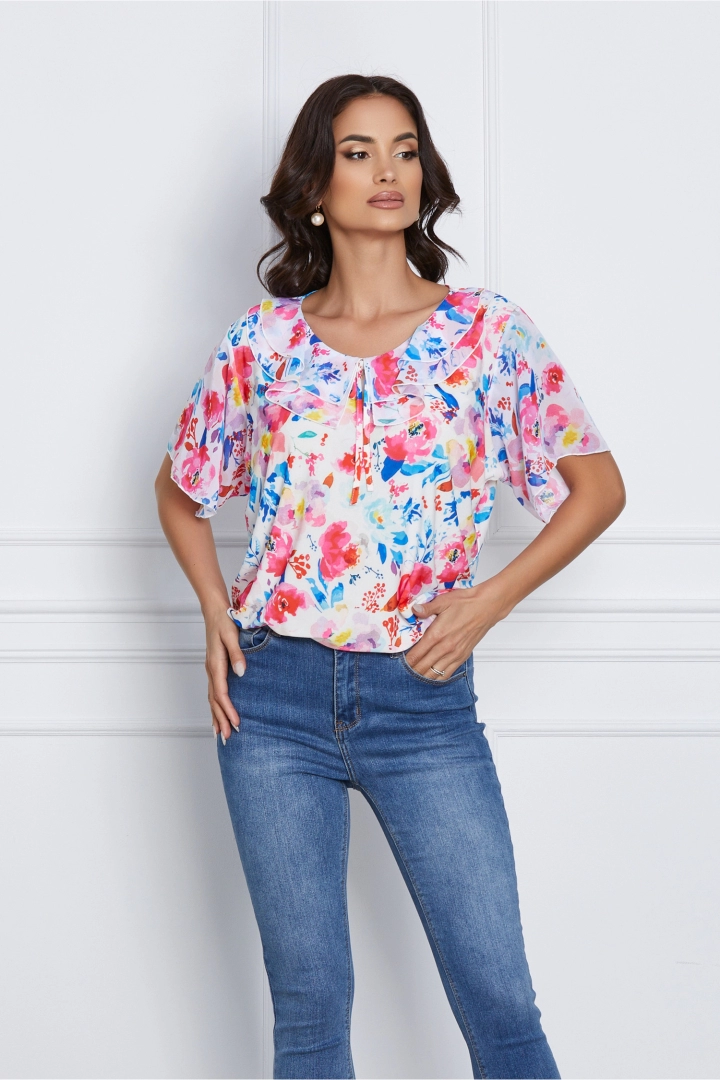 Bluza Isabela alba cu imprimeu floral fucsia si mâneci scurte - bluza plus size Bluza Isabela alba cu imprimeu floral fucsia si mâneci scurte - bluza plus size
