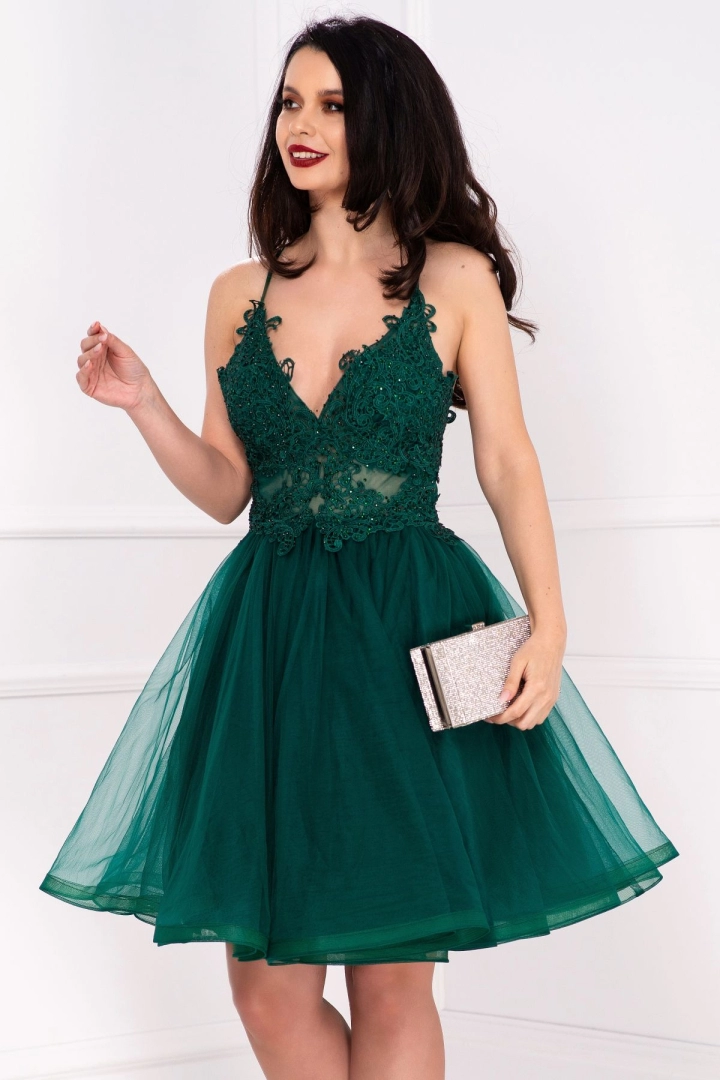 Rochie baby-doll eleganta Brianna verde cu bust brodat