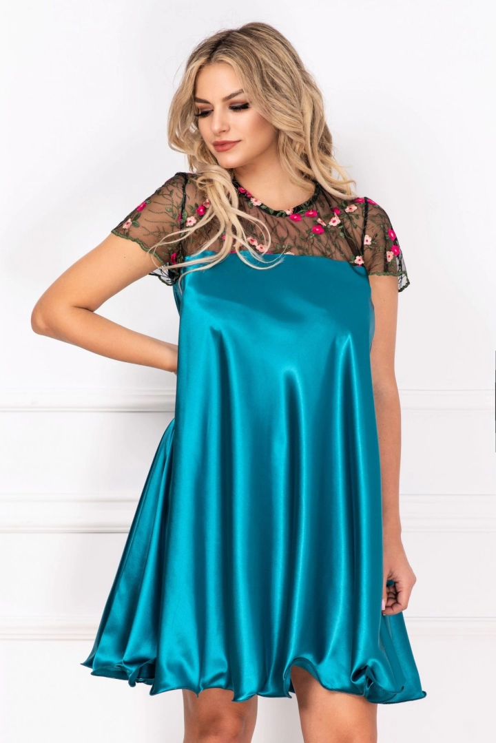 Rochie de cununie Erin turquoise din satin cu broderie By InPuff