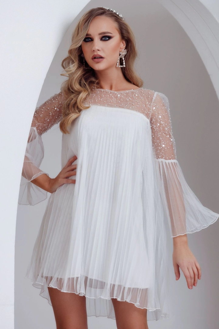 Rochie de cununie Fofy lejera din tulle plisat margele paiete si perle