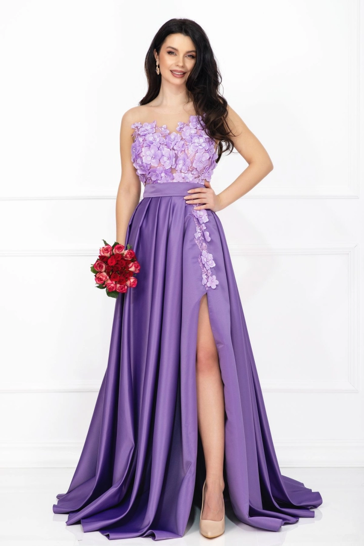 Rochie de lux Beatrice lila tip printesa din tafta cu flori 3D Rochie de lux Beatrice lila tip printesa din tafta cu flori 3D