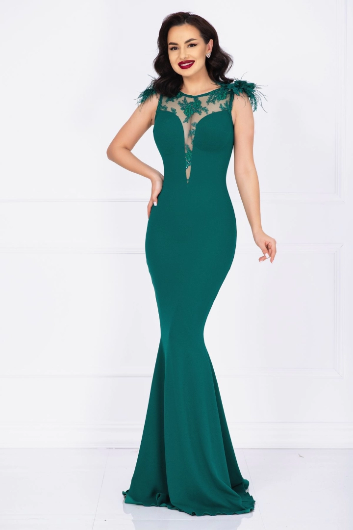 Rochie de lux Kathrin sirena verde cu flori 3D la umeri si fulgi Rochie de lux Kathrin sirena verde cu flori 3D la umeri si fulgi
