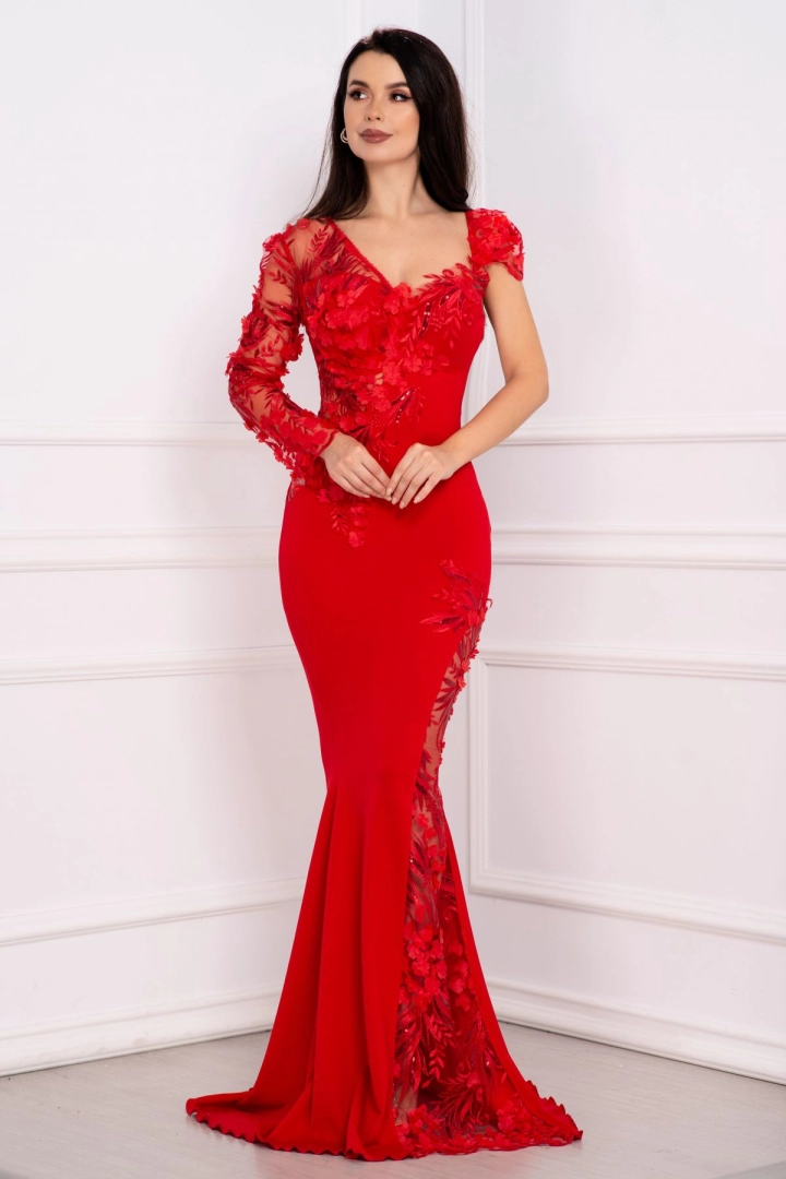 Rochie de lux Selly sirena rosie cu flori 3D si paiete discrete Rochie de lux Selly sirena rosie cu flori 3D si paiete discrete