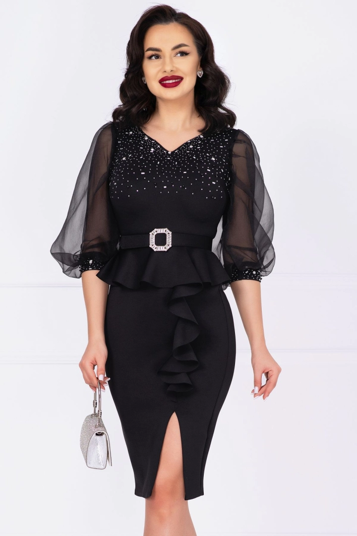 Rochie de ocazie eleganta neagra cu maneci din organza si peplum Rochie de ocazie eleganta neagra cu maneci din organza si peplum