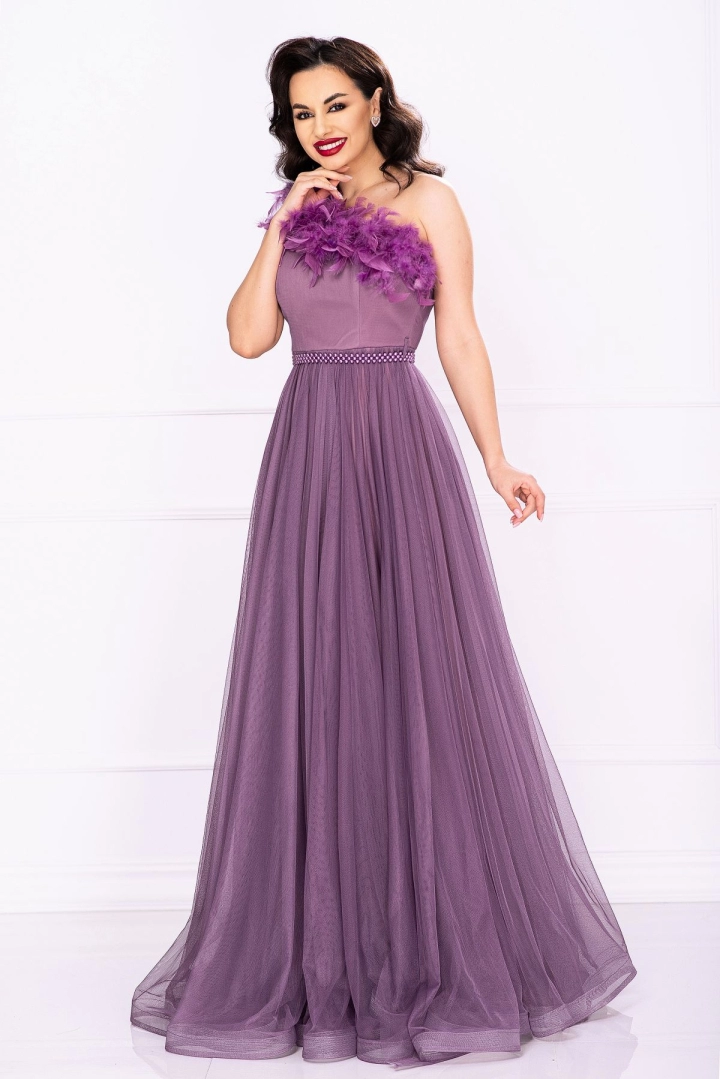 Rochie de seara Beverly mov lunga cu fulgi si centura din margele