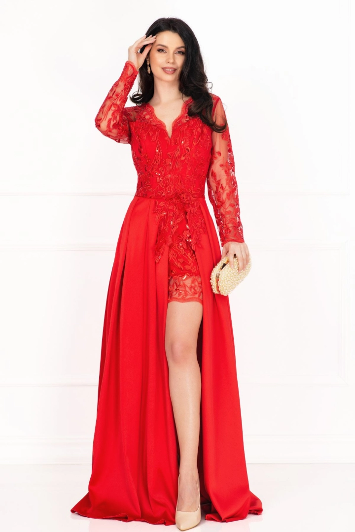 Rochie de seara Ivette din dantela rosie si fusta din tafta Rochie de seara Ivette din dantela rosie si fusta din tafta