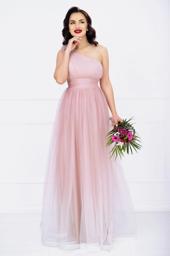 Rochie de seara Kendra lunga rose in degrade eleganta din tulle cu floare 3D Rochie de seara Kendra lunga rose in degrade eleganta din tulle cu floare 3D