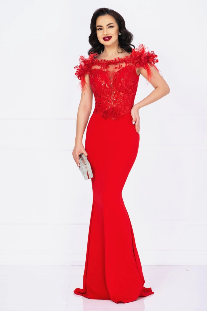 Rochie de seara Noely lunga rosie cu broderie pretioasa si fulgi Rochie de seara Noely lunga rosie cu broderie pretioasa si fulgi