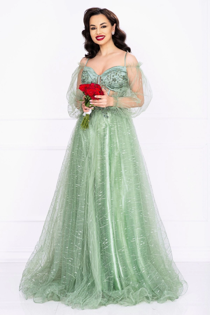 Rochie de seara Patrizia mint din tulle cu sclipici si margele