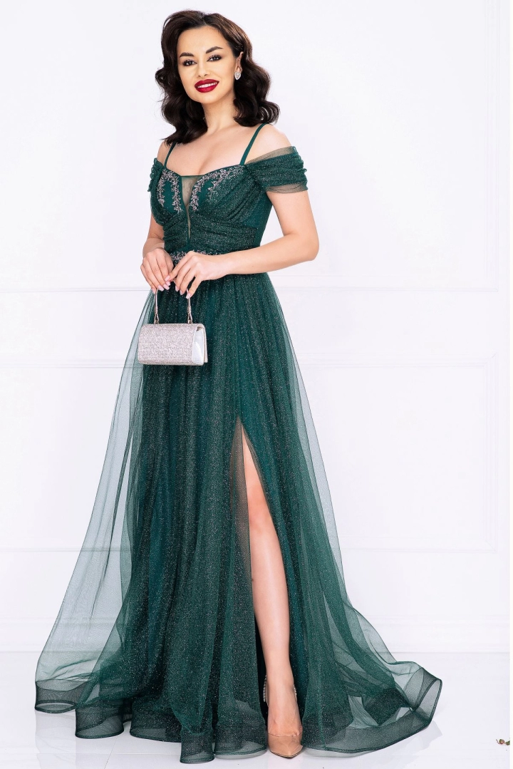 Rochie de seara verde Zoella eleganta cu sclipici si model din pietre argintii