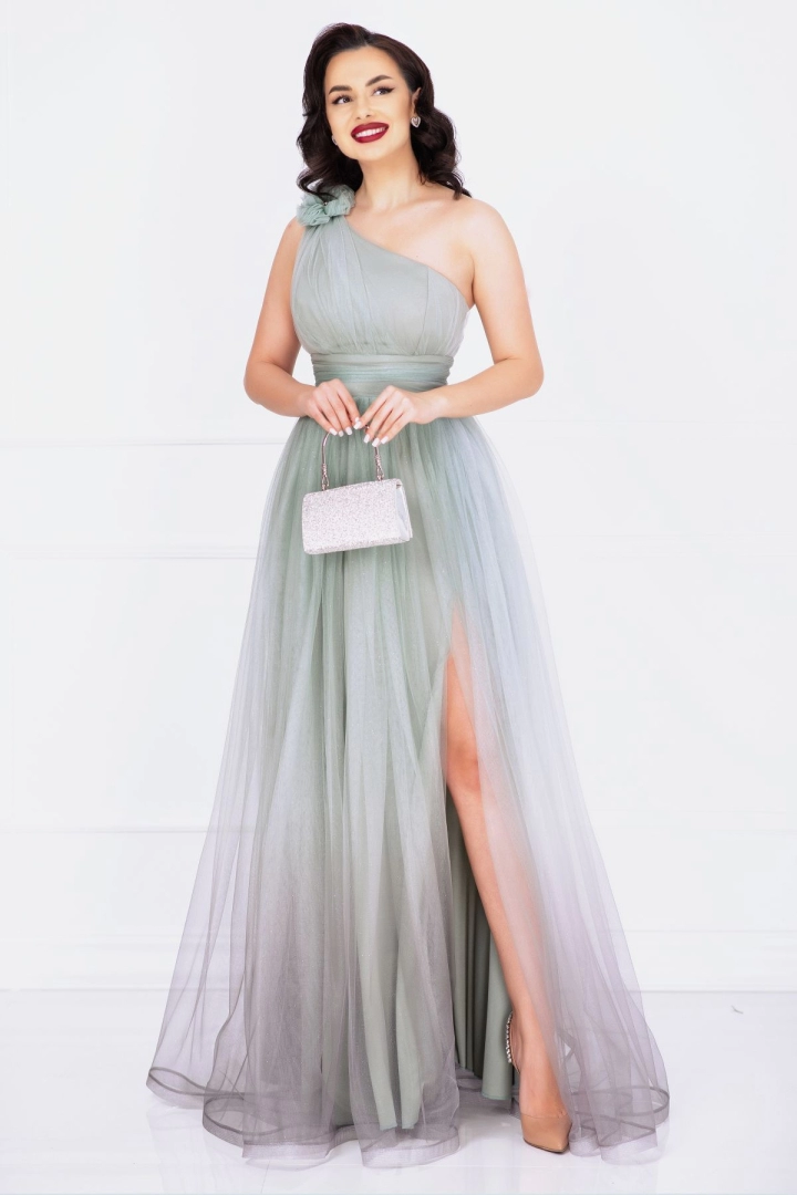 Rochie de soacră Kendra lunga mint in degrade eleganta din tulle cu floare 3D Rochie de soacră Kendra lunga mint in degrade eleganta din tulle cu floare 3D