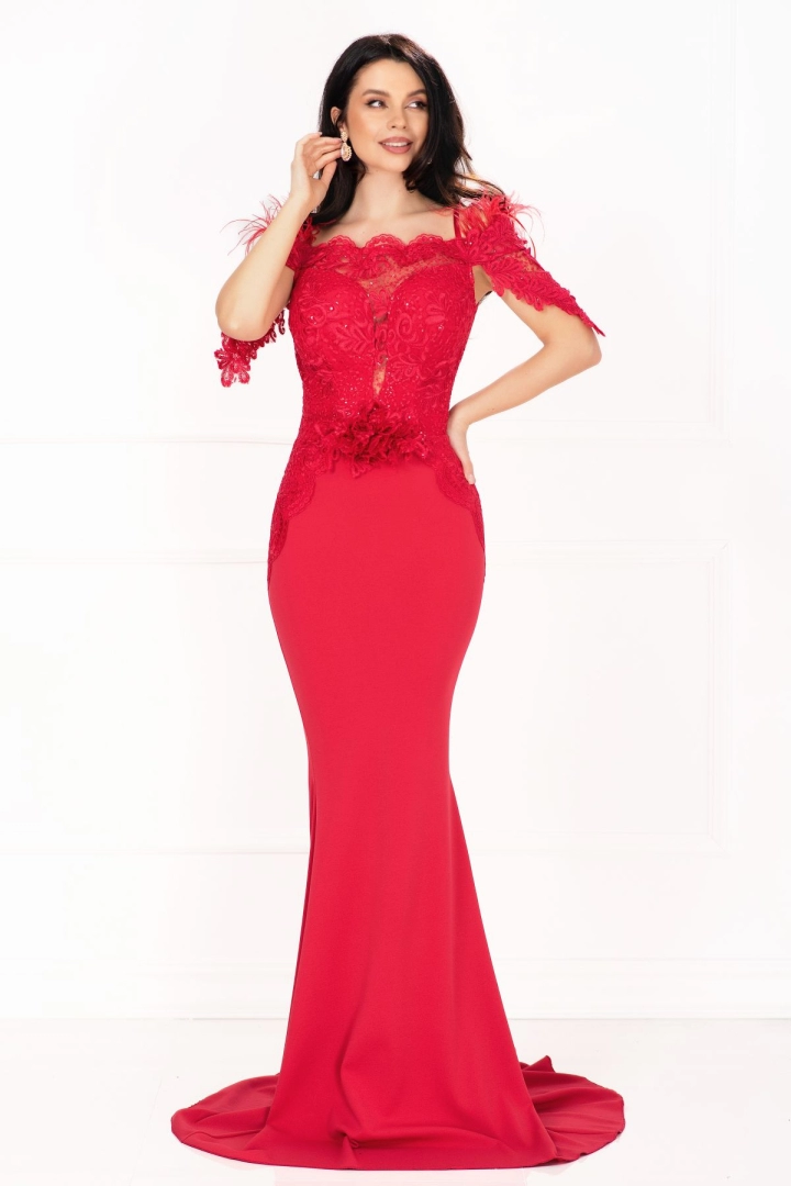 Rochie de soacră Pandora tip sirena zmeura cu broderie pretioasa si fulgi Rochie de soacră Pandora tip sirena zmeura cu broderie pretioasa si fulgi
