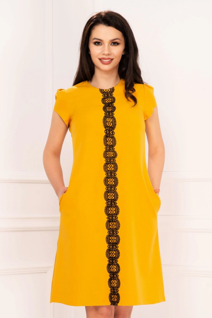 Rochie de zi Effect galben mustar croi A cu insertie dantela neagra