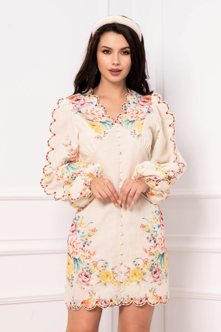 Rochie de zi eleganta din panza topita cu model floral tip pictura