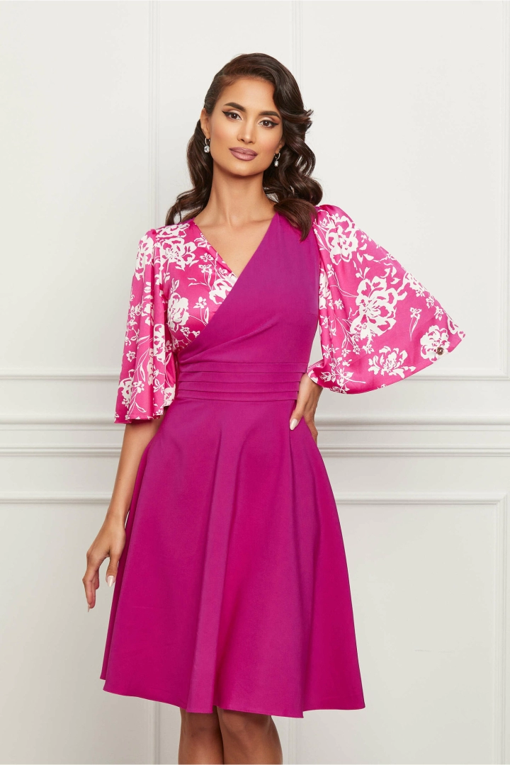 Rochie Dy Fashion fucsia cu imprimeu floral pe bust si maneci Rochie Dy Fashion fucsia cu imprimeu floral pe bust si maneci