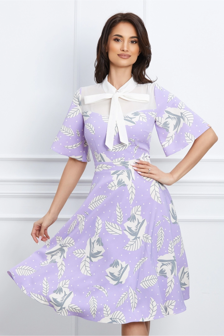 Rochie Dy Fashion lila cu imprimeu si bust din voal Rochie Dy Fashion lila cu imprimeu si bust din voal