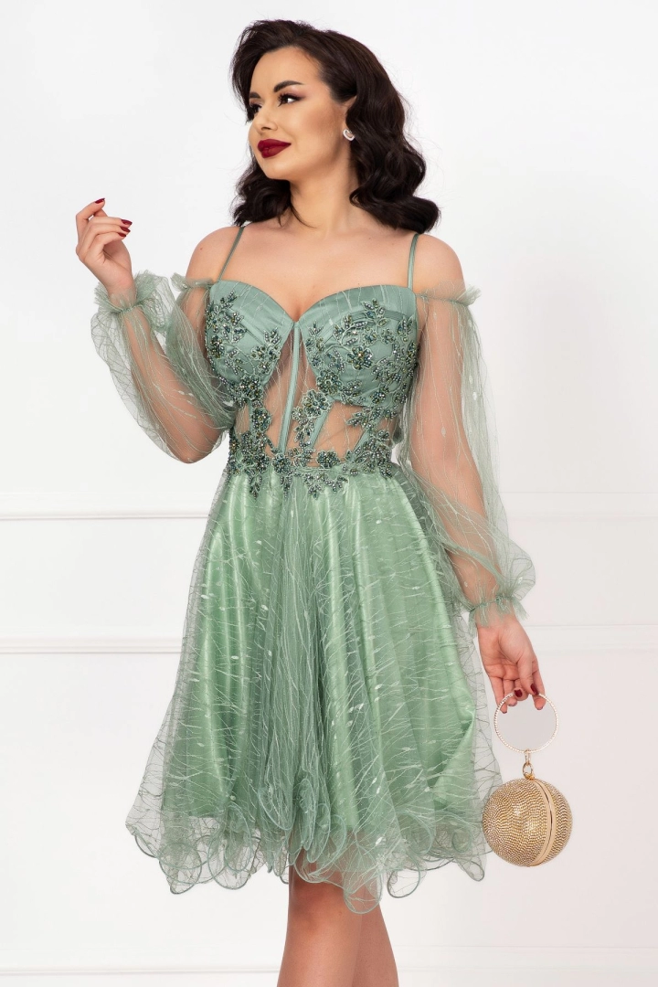 Rochie eleganta Meredith baby-doll mint cu perle si margele