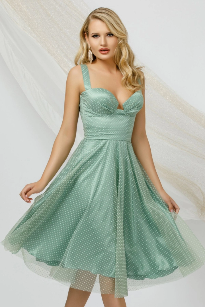Rochie eleganta mint din tulle Pretty Girl cu buline si bust tip corset