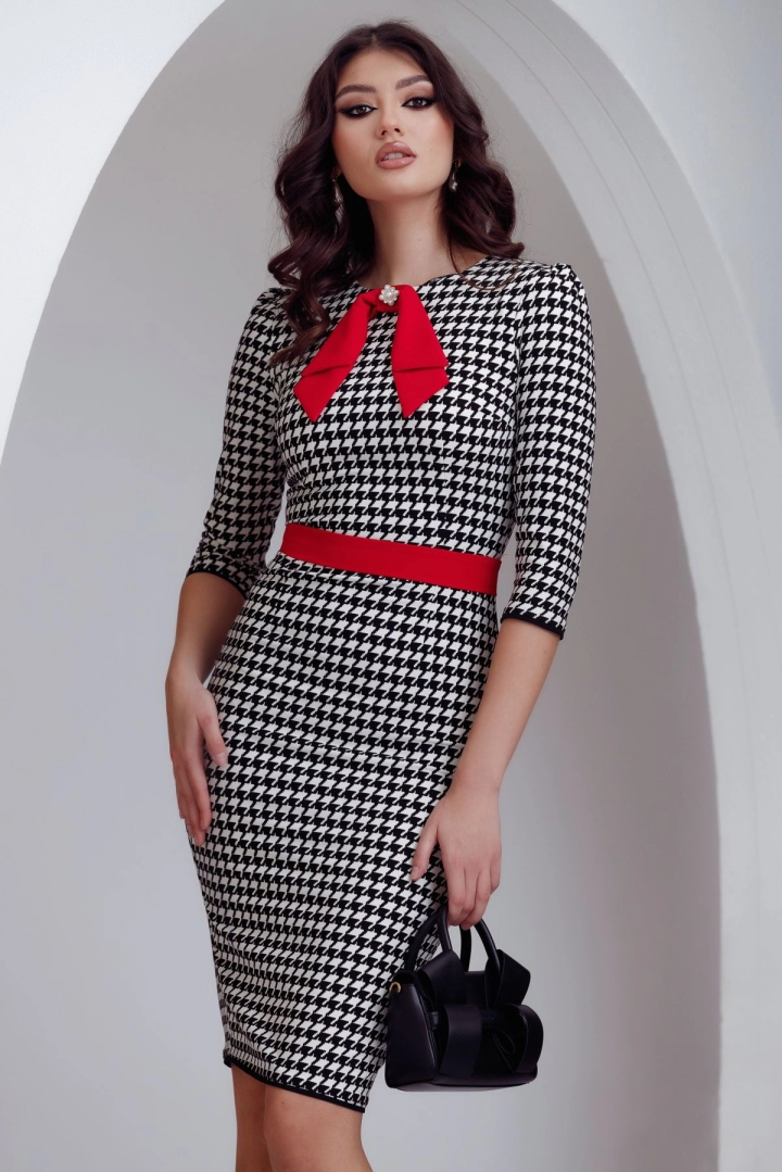 Rochie eleganta office Fofy cu imprimeu pied du coq si esarfa rosie