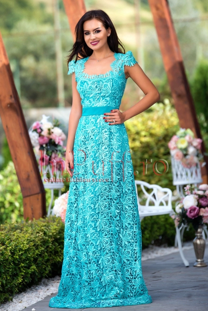 Rochie lunga de seara cu decolteu la spate din dantela turquoise Rochie lunga de seara cu decolteu la spate din dantela turquoise