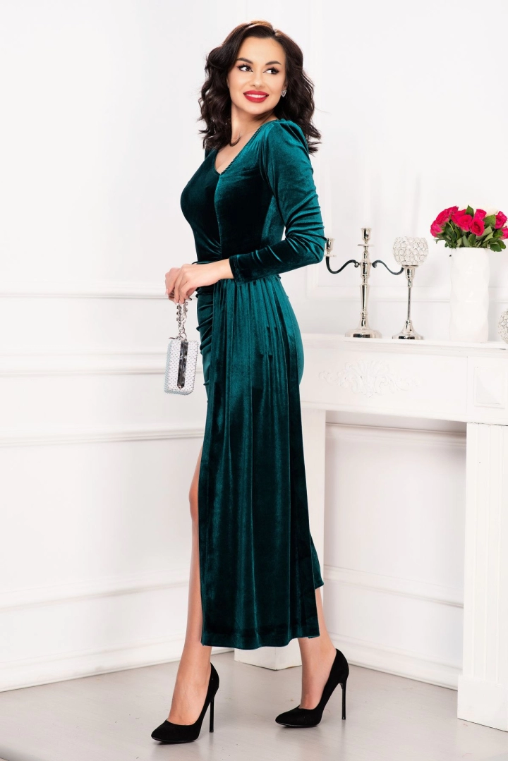 Rochie midi de ocazie verde eleganta Ecaterina cu trena pe o parte