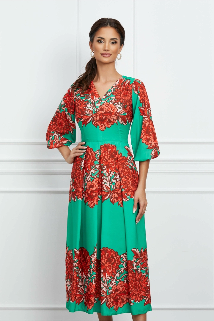 Rochie Moze verde cu imprimeu floral orange Rochie Moze verde cu imprimeu floral orange