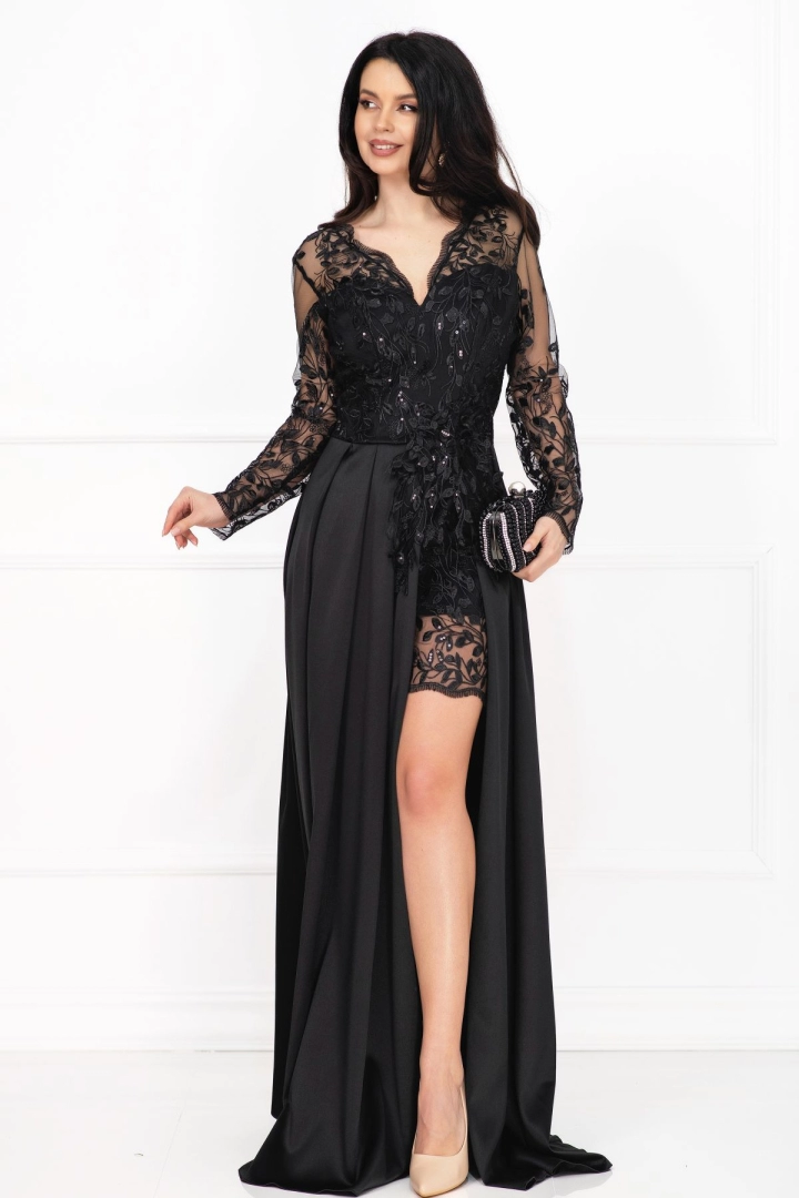 Rochie neagra de seara Ivette din dantela si fusta din tafta Rochie neagra de seara Ivette din dantela si fusta din tafta