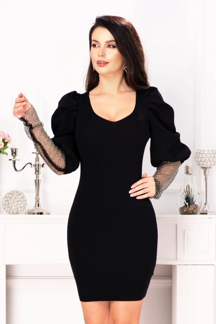Rochie neagra eleganta Irisha cu maneci pretioase