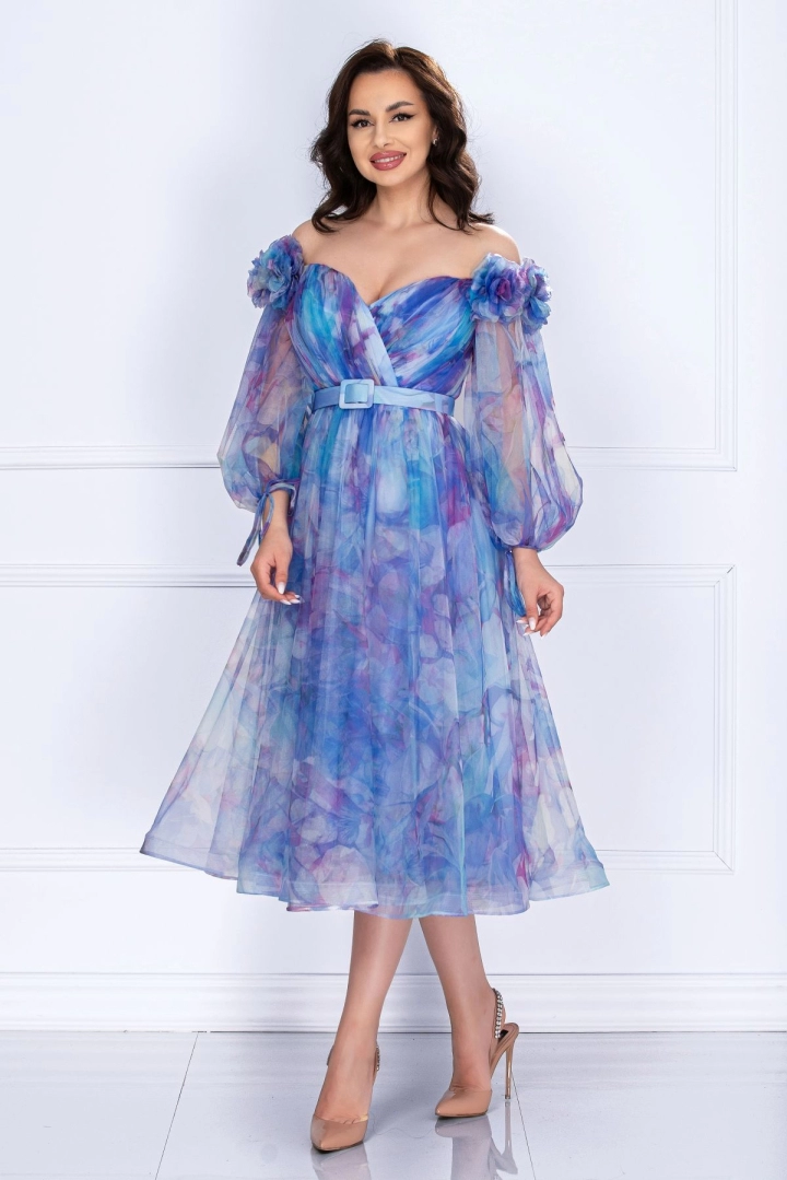 Rochie pretioasa de ocazie Josephine bleu cu imprimeu tip pictura