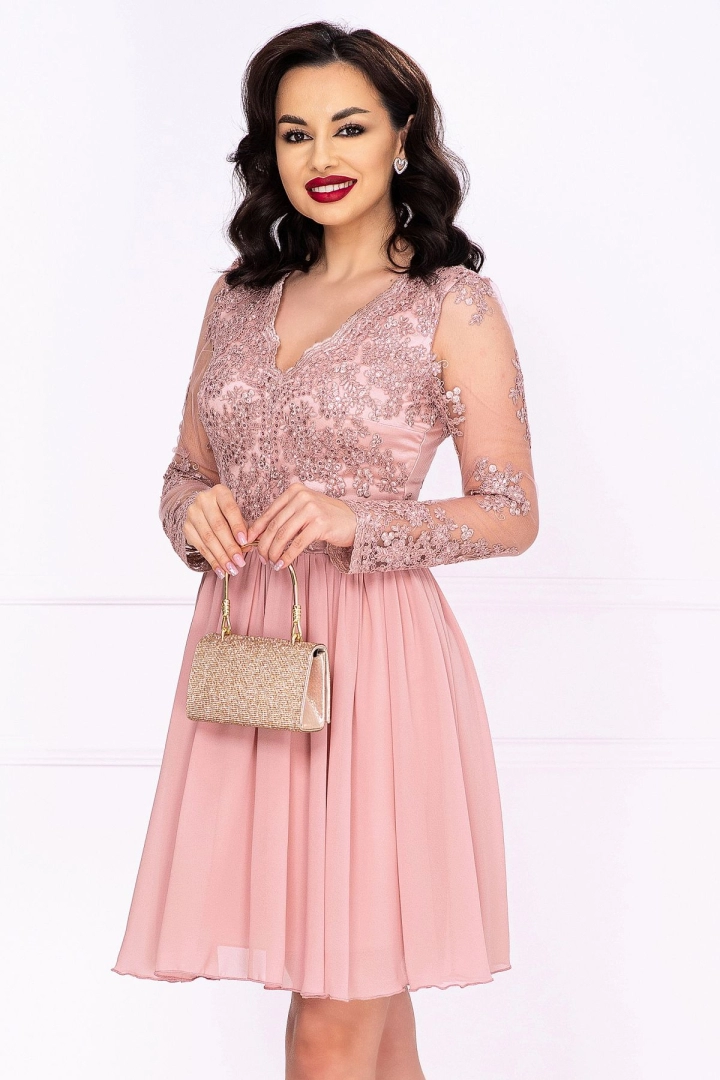 Rochie rose de cununie Destiny baby doll cu bust si maneci brodate