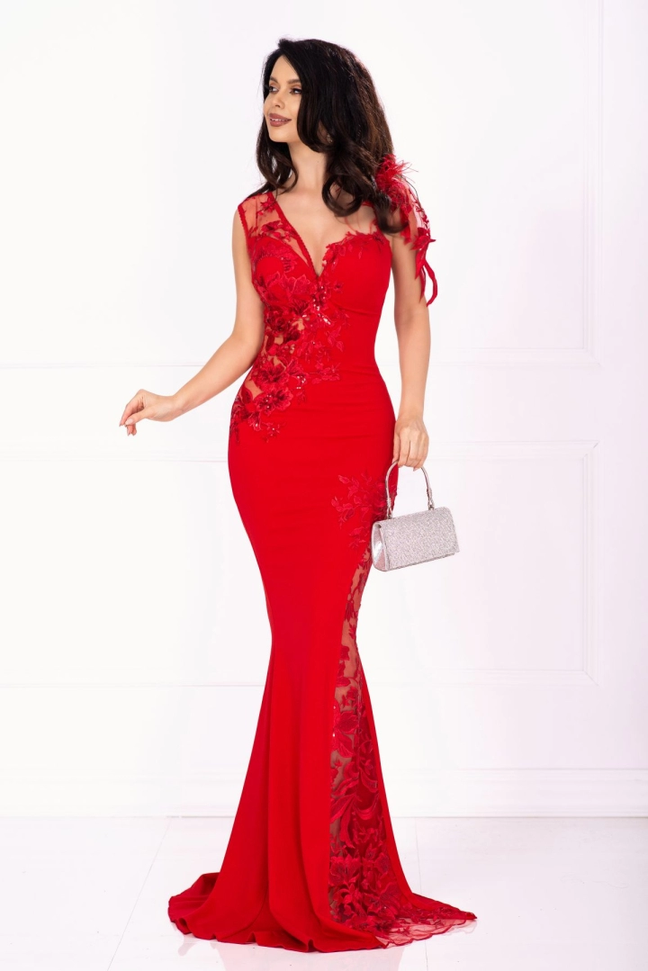 Rochie rosie de lux sirena Esther de seara cu flori brodate cu paiete si fulgi Rochie rosie de lux sirena Esther de seara cu flori brodate cu paiete si fulgi