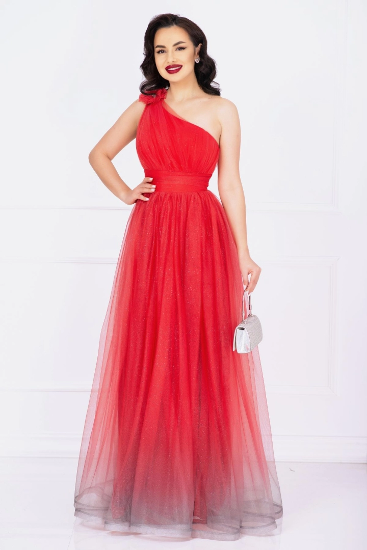 Rochie rosie de soacră Kendra lunga in degrade eleganta din tulle cu floare 3D Rochie rosie de soacră Kendra lunga in degrade eleganta din tulle cu floare 3D