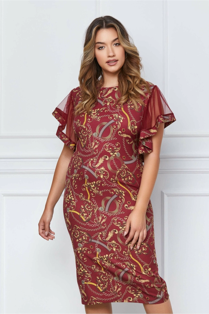 Rochie Samira bordo cu imprimeuri galbene pentru femei cu burtă Rochie Samira bordo cu imprimeuri galbene pentru femei cu burtă